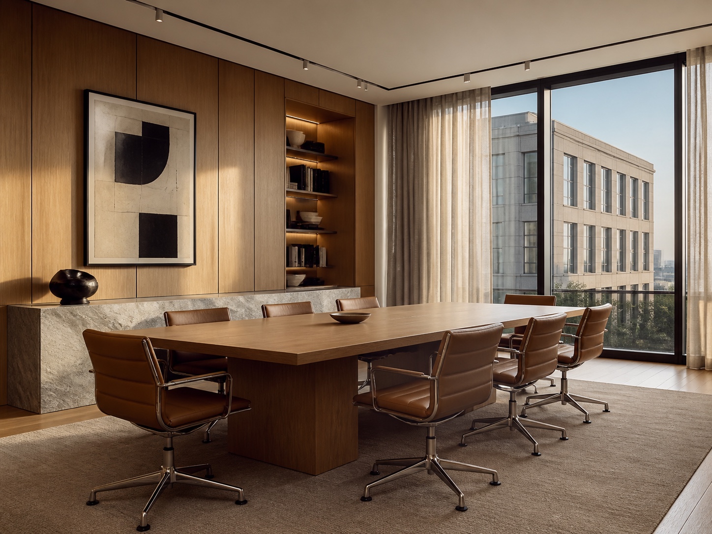 A refined property meeting room with a completed building beyond
